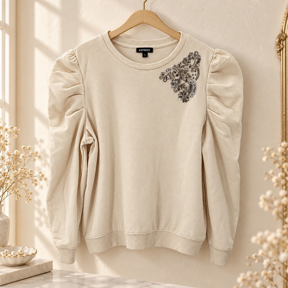 Express Sweatshirt Puff Sleeve Rhinestone Embellished XL Ivory Crewneck Glam
